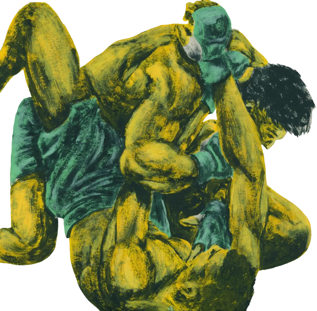 Acryl auf Papier: zwei MMA-Kämpfer im Bodenkampf (Ground and Pound), expressiv in Gelb und Grün – SEKI Studios